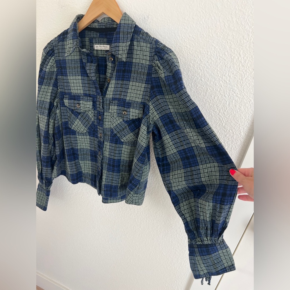 FREE PEOPLE blue sun city plaid puff sleeve top grunge preppy / size XS - Picture 4 of 8